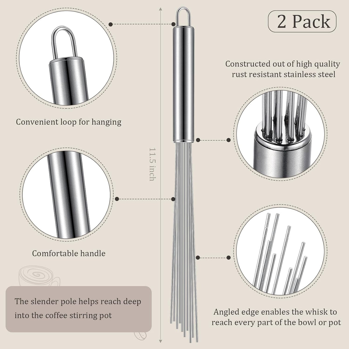 Baderke 2 Pcs Barista Whisk Tool 11.5 Inch Long Handle 10 Needles Stirrer