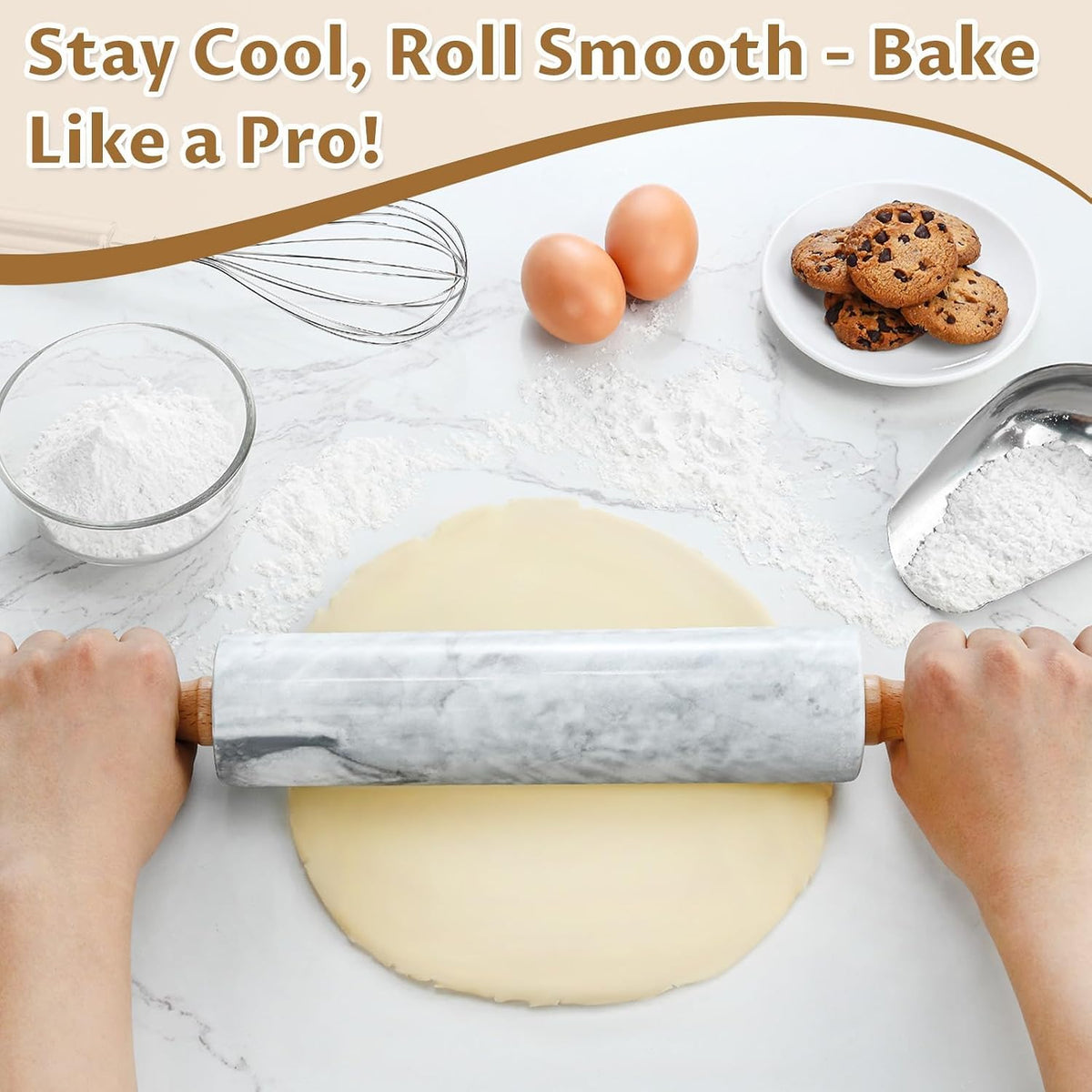 Marble Rolling Pin - 18.9" Marble Rolling Pins for Baking, Pastry, Pizza Dough &amp; More - Polished Non-Stick Surface, Long Dough Roller with Wooden Handles &amp; Base