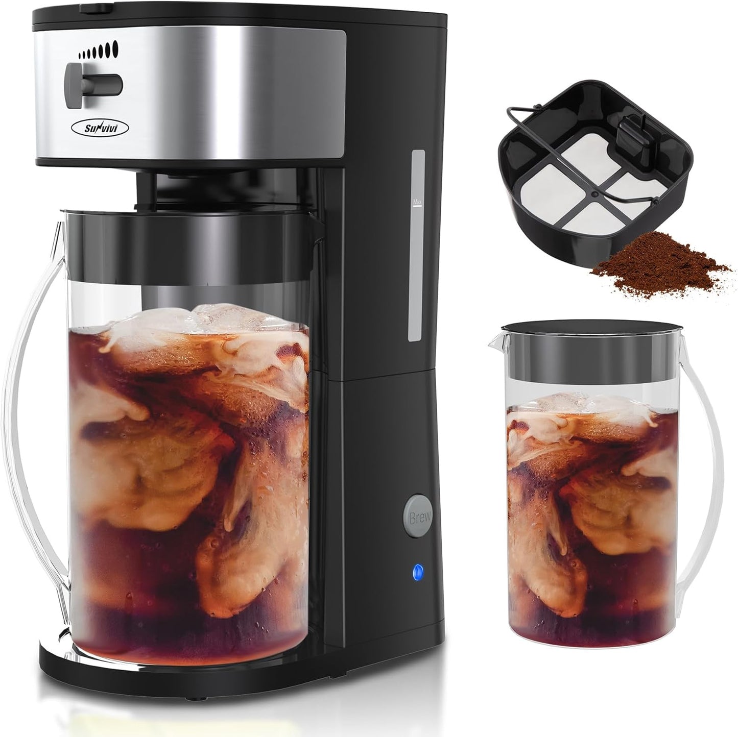 SUNVIVI Iced Tea Maker with 3-Quart Pitcher, Iced Coffee Brewing Maker for Ground Coffee, Tea Bags, Loose Leaf Tea, 7 Cups Coffee Machines for Home, Strength Control for Flavor, Black