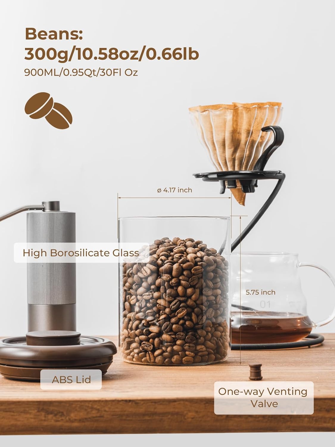 Glass Coffee Bean Canister, 10oz Airtight Coffee Container with Pop Top Lid | Keep freshly roasted beans flavorful with CO2 valve. Ideal for coffee lovers, kitchen counters, tea, sugar and spice storage
