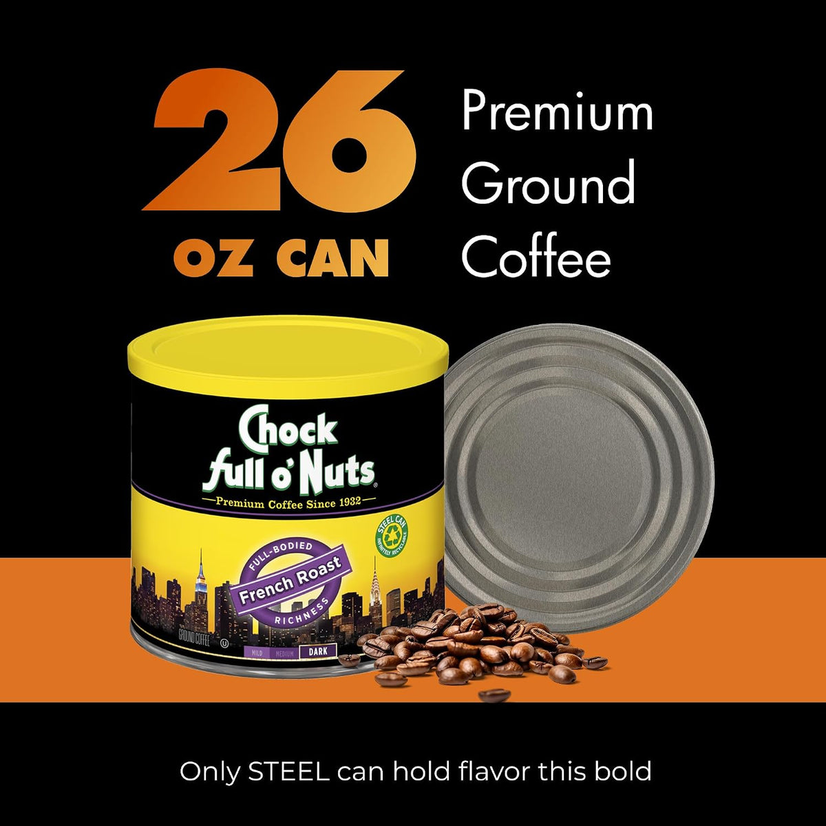 Chock Full o' Nuts French Roast Ground Coffee – Premium Beans in Recyclable Steel Can – Rich Flavor &amp; Aroma, Dark Roast – Perfect for Drip, Pour-Over, Percolator – 26 Oz Can
