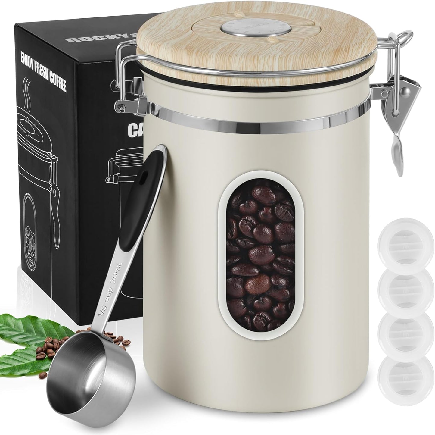 1800ML Airtight Coffee Canister with Date Tracker&Transparent Window, 22.8OZ Coffe Beans Storage wit