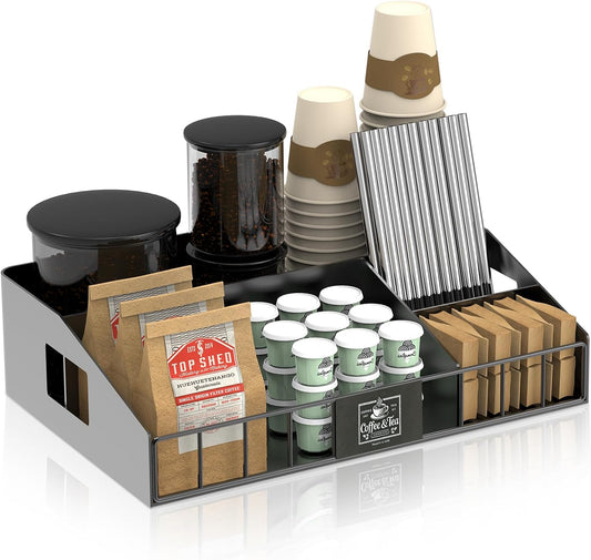 Metal Coffee Station Organizer for Countertop - Coffee Bar Organizer with Designable DIY Logo, K Cup Pods Holder & Tea