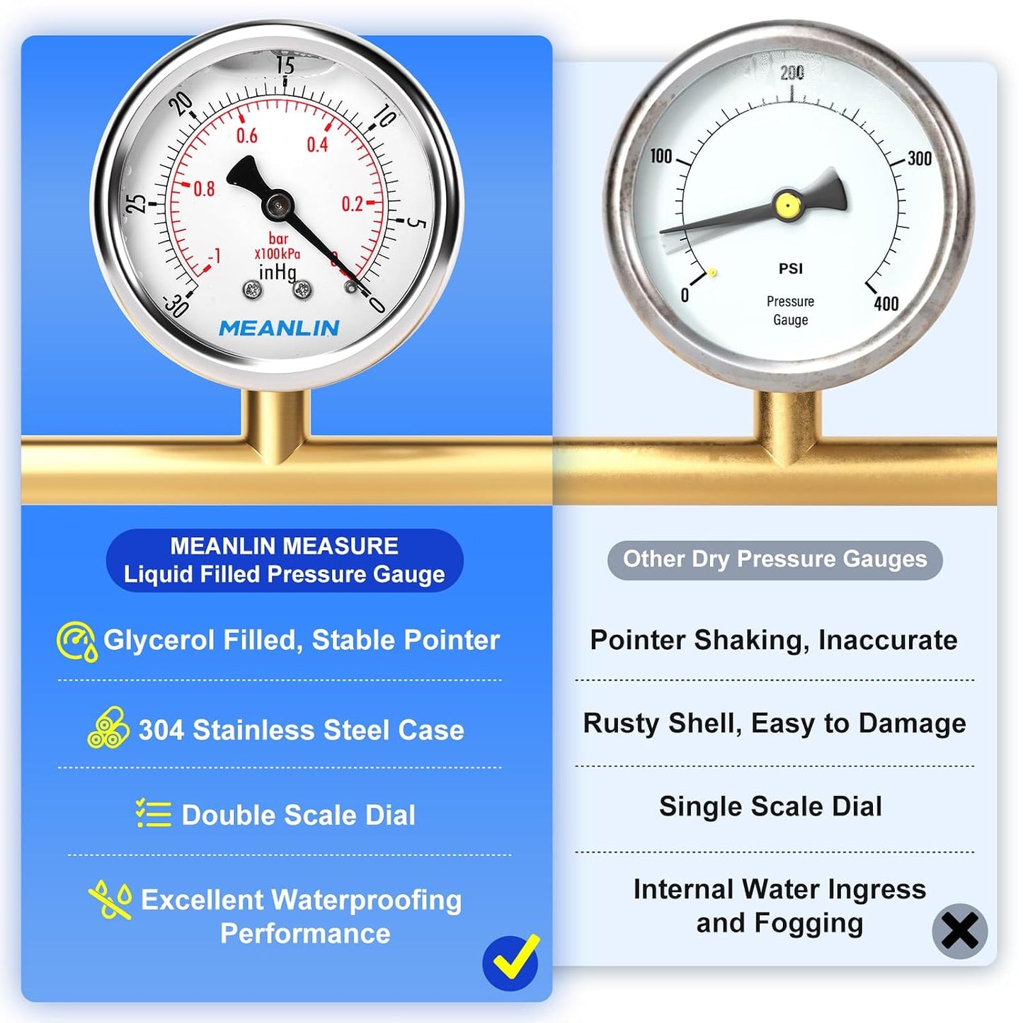 MEANLIN MEASURE -30inHG~0Psi Stainless Steel 1/4" NPT 2.5" FACE DIAL Vacuum Pressure Gauge, Center Back Mount, with 1/2" NPT and 3/8" NPT Hex Bushing