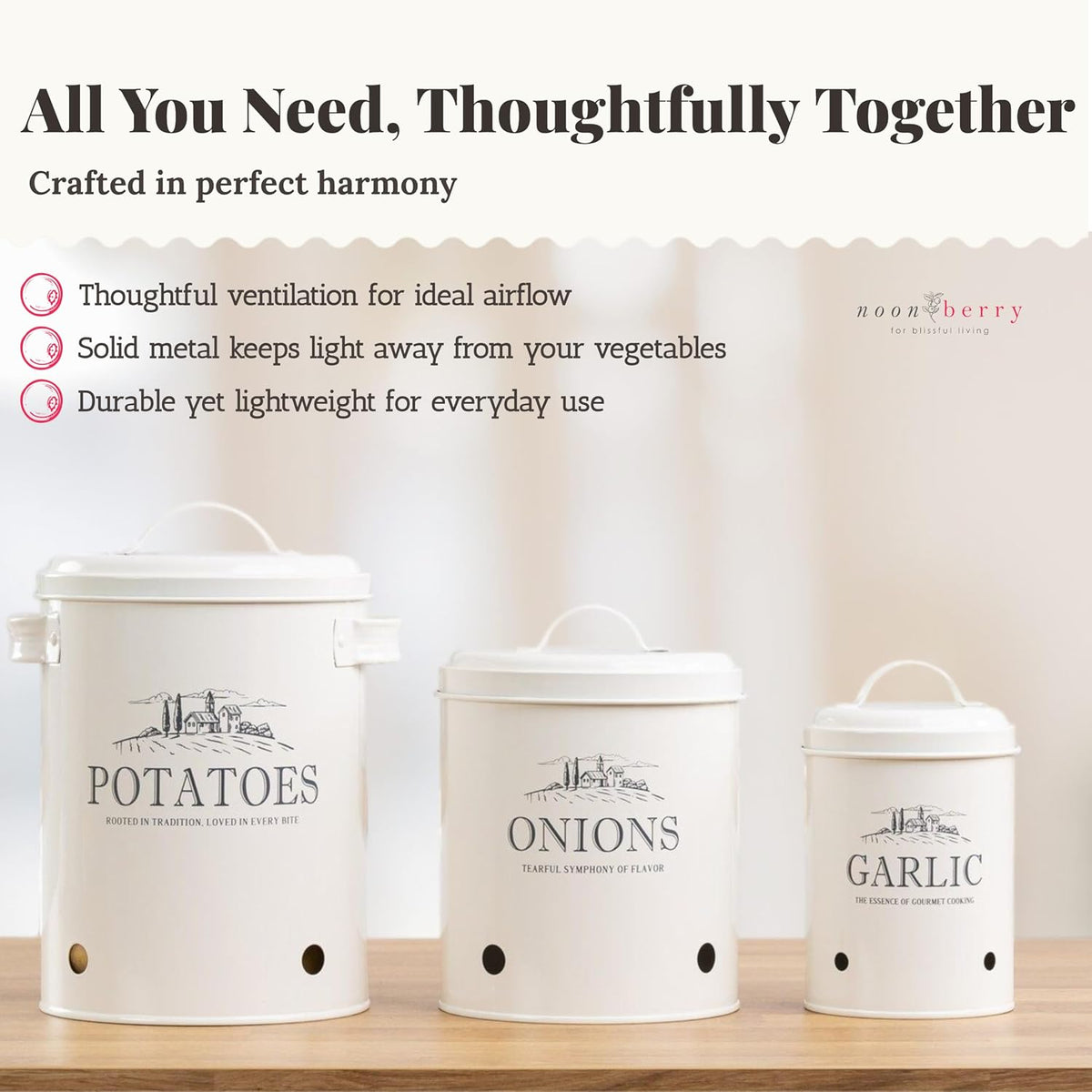 Potato and Onion Storage Bin Set – 3 Metal Farmhouse Canisters with Ventilation Holes – Rustic Kitchen Organizer for Garlic, Onion, and Potato Storage – Countertop or Pantry Use