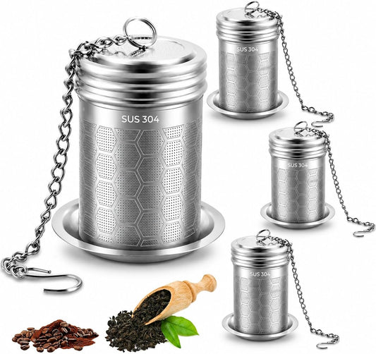4 Pack Tea Infuser for Loose Leaf Tea, Extra Fine Mesh 304 Stainless Steel Tea Strainers with Drip Tray and Chain Hook, Reusable Tea Ball Steeper for Mug Teapot, Spice Diffuser