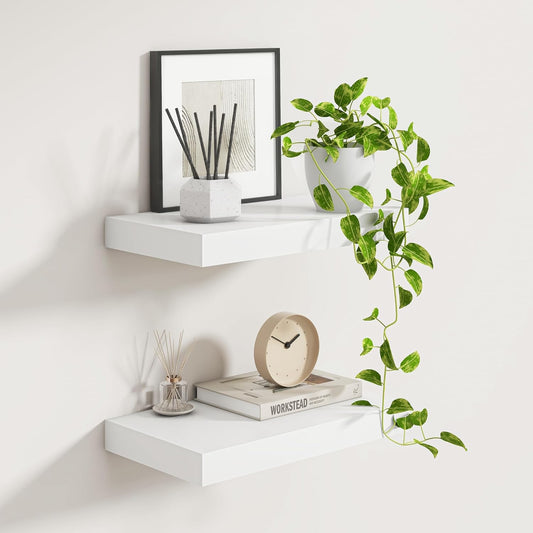 Fun Memories White Floating Shelves for Wall, 16 x 9 Inch Floating Shelf Set of 2, Rustic Natural Wood Wall Shelves, 9" Deep