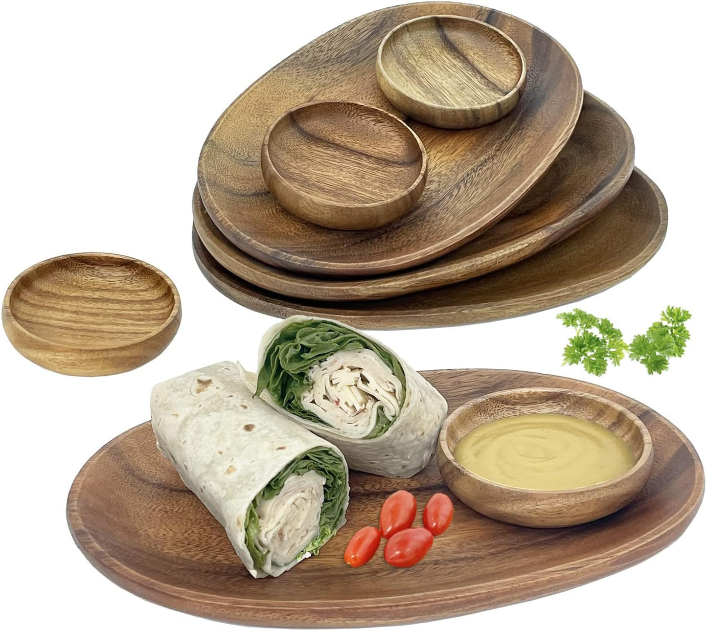 Woodard &amp; Charles Acacia Wood 12" Oval Tray with Dip Bowls, 8 Piece Set | 4 Acacia Wood Serving Trays and Bowls; Serve Appetizers, Sandwiches and Hors d'Oeuvres. Ideal for Parties and Entertaining