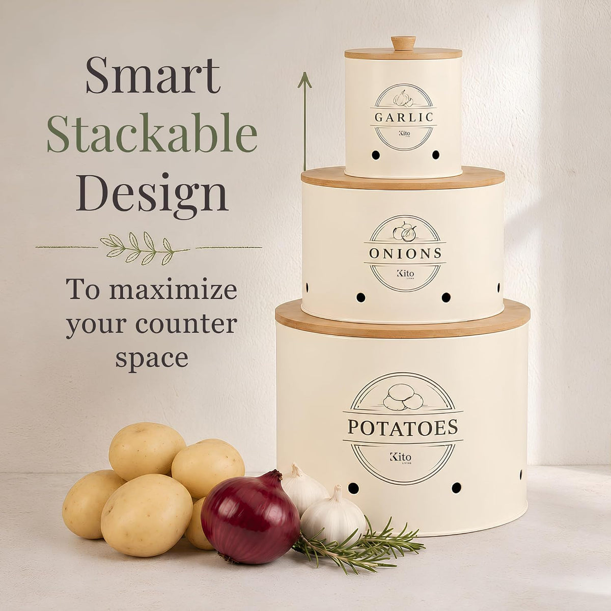 Canister Sets for Kitchen Counter with Wooden Bamboo Lids, Kitchen Canisters for Countertop, Stackable Steel Farmhouse Canisters for Potato Storage, Onion and Potato Storage Bins - White