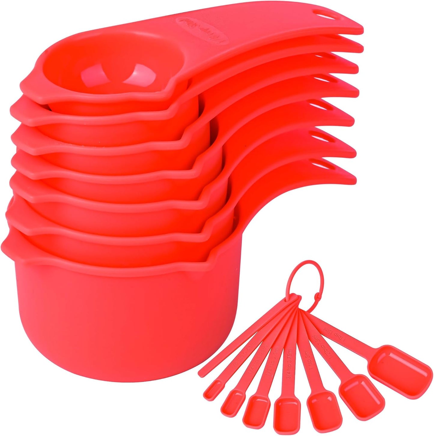Red Measuring Cups and Spoons Set 15, 7 Plastic Measuring Cup Set, 7 Spice Long Handle Measuring Spo
