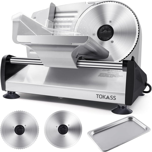 Meat Slicer, 200W Electric Deli Food Slicer with 2 Removable 7.5'' Stainless Steel Blades and Tray, Adjustable Thickness for