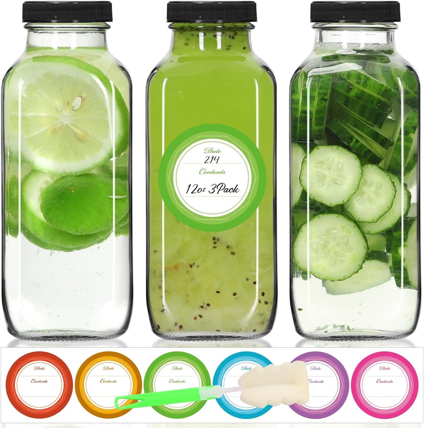 STARSIDE 12 oz 3 Pack Glass Juice Bottles with Lids - Square Reusable Drinking Jars for Juicing, Mil