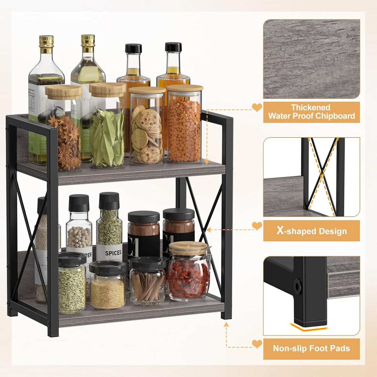Giikin Countertop Shelf Organizer, 2 Tier Coffee Organizer for Desktop, Grey Counter Shelf Spice Rack for Kitchen (Grey, M)