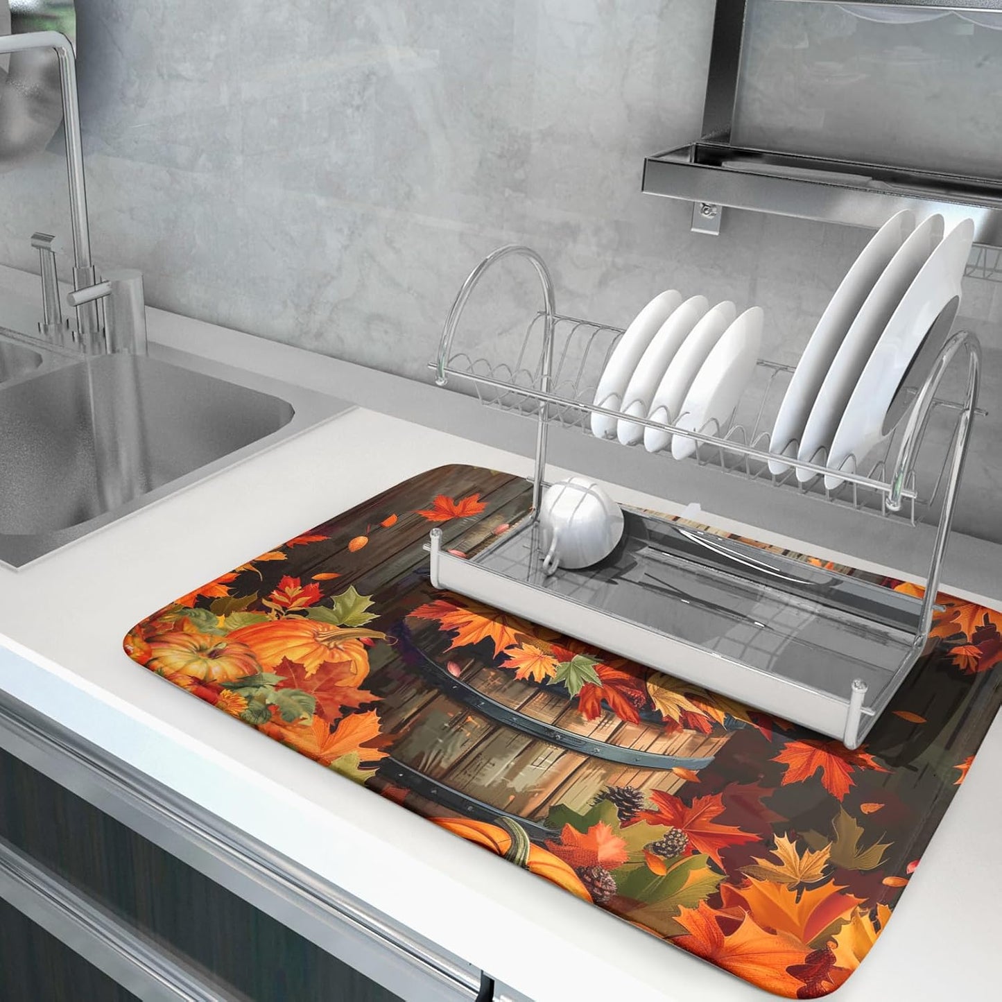 Fall Pumpkin Dish Drying Mat for Kitchen Counter 18x24 Inch Autumn Maple Leaves Microfiber Drying Mats Absorbent Reversible Thanksgiving Day Dish Pad