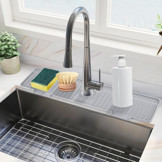 Amerner 20 inch Kitchen Sink Splash Guard, 10° Large Slope &amp; Adaptable Hole Faucet Mat for Kitchen Sink, Silicone Sink Organizer Sponge Holder for Kitchen, Bathroom, RV, Bar, 20” x 5.5”, Gray