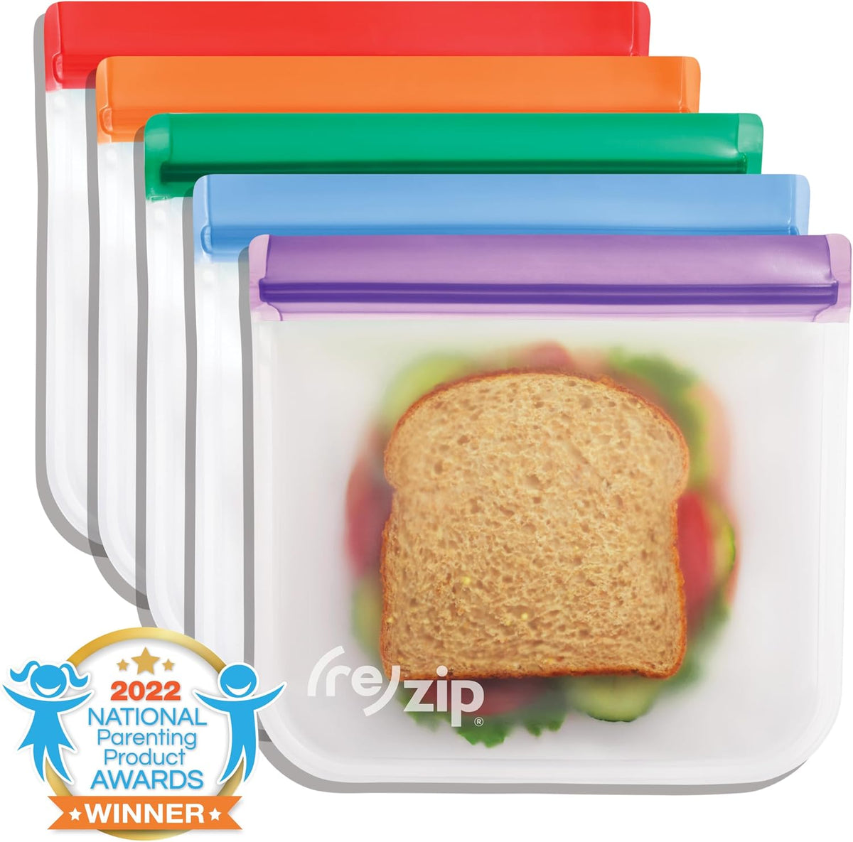 (re) zip 5-pack Reusable Sandwich Lunch Food Storage Bags (28 Fl Oz, 3.5 Cup) | BPA-Free, Food Grade, Leakproof, Freezer Safe, Dishwasher Safe, Travel Friendly | Jewel Tones for Easy Organization