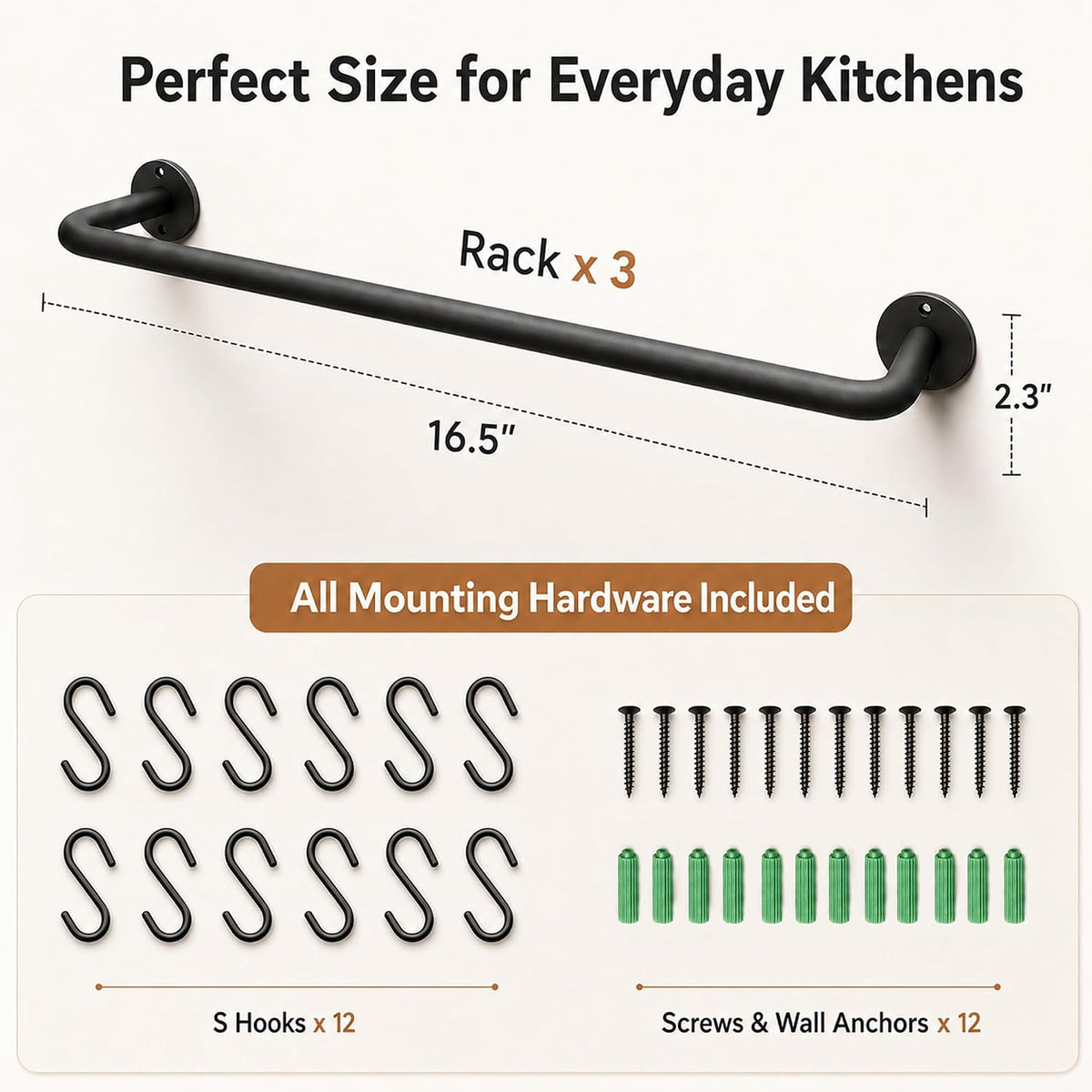 Coffee Mug Holder Wall Mounted, 3 Pack Coffee Cup Rack with 12 Removable Hooks, 16.5 Inch Metal Mug Hanger for Coffee Bar, Kitchen and Dining Room, Black