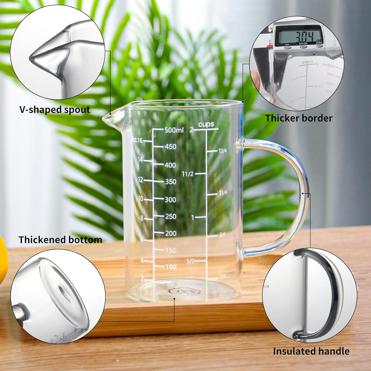 77L Glass Measuring Cup, [Insulated handle, V-Shaped Spout], High Borosilicate Glass Measuring Cup for Kitchen or Restaurant, Easy To Read, 500 ML (0.5 Liter, 2 Cup)