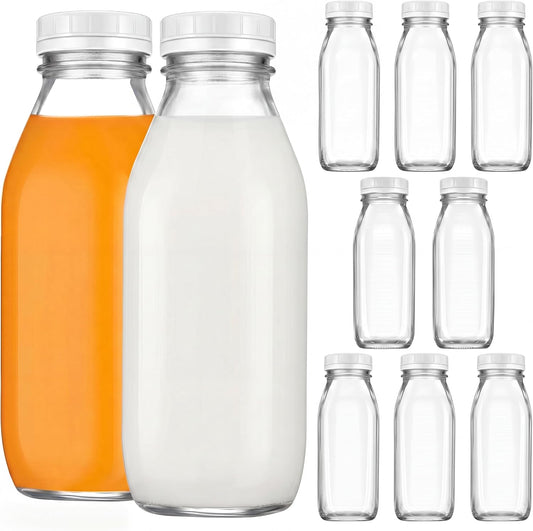 Suclain 10 Pack 16 oz Glass Milk Bottles with Lids, Clear Containers,