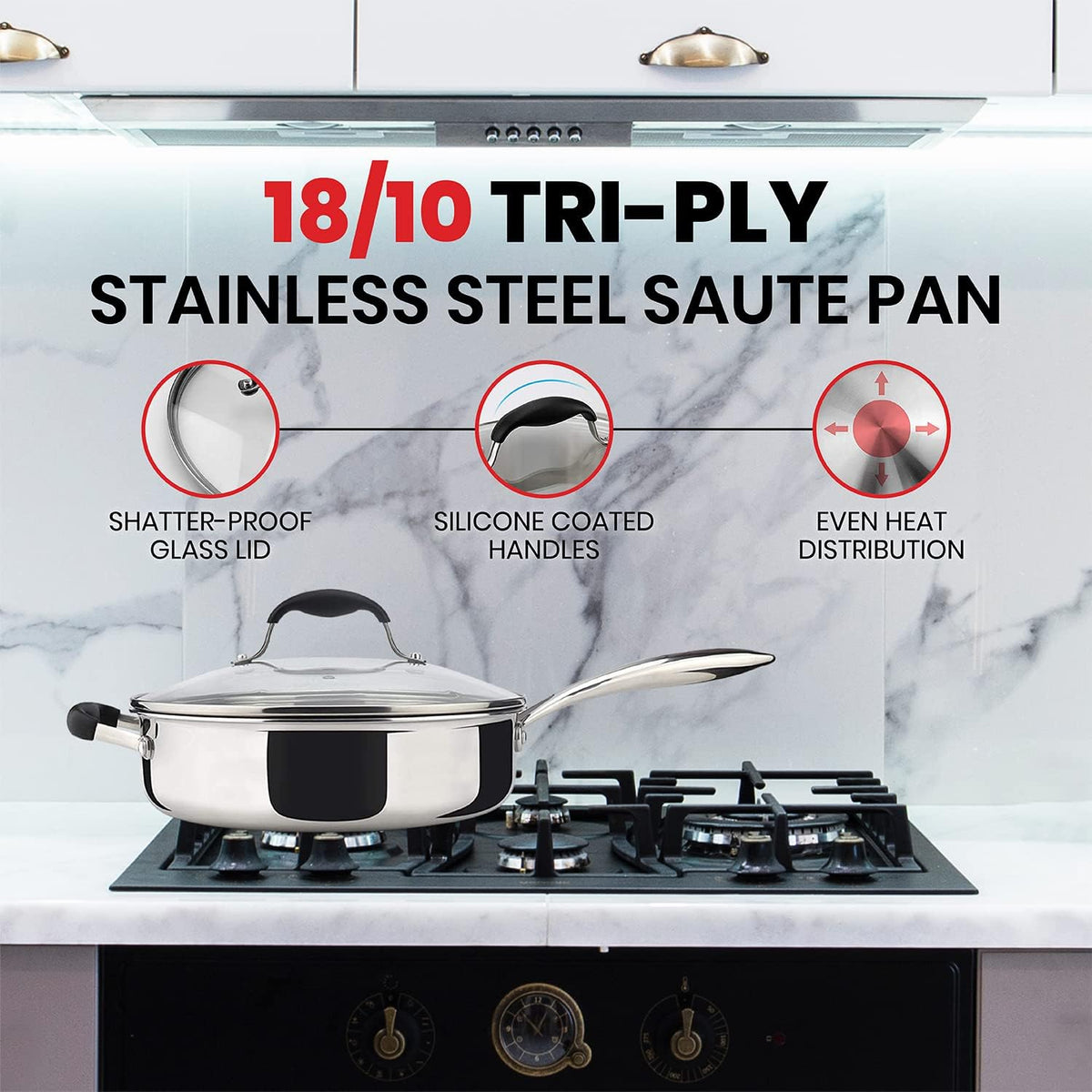 AVACRAFT 18/10 Tri-Ply Stainless Steel Saute Pan with Lid, Helper Handle, Induction & Stovetop, Versatile Stainless Steel Skillet, Cookware (3.5 Quarts)