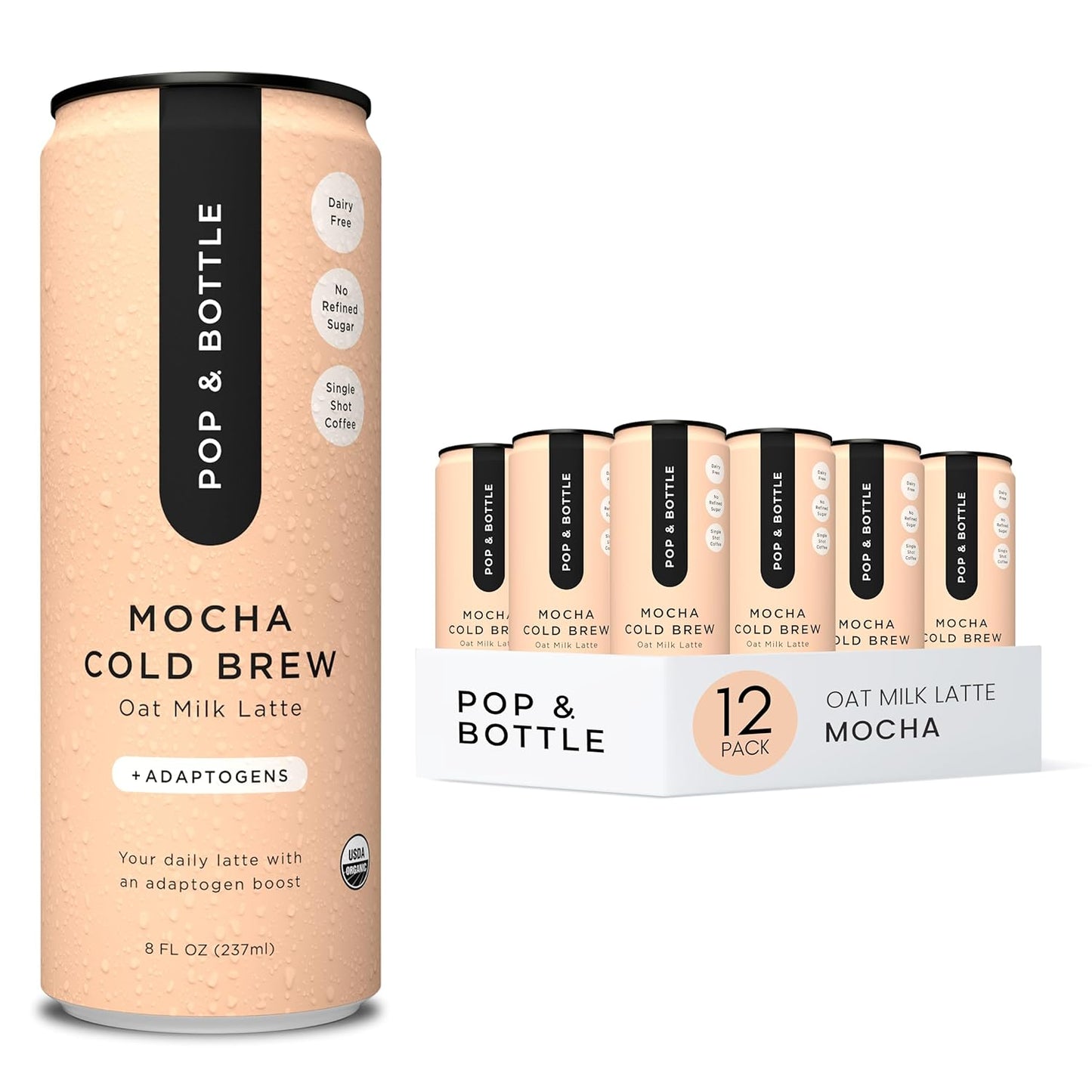 Pop &amp; Bottle - Oat Milk Lattes with Maca - Mocha, 8 Fl Oz (12 Pack) | Cold Brew with Adaptogens, Ashwagandha, Organic, Dairy Free, Gluten Free, Great as Iced Coffee, Lightly Sweetened with Dates