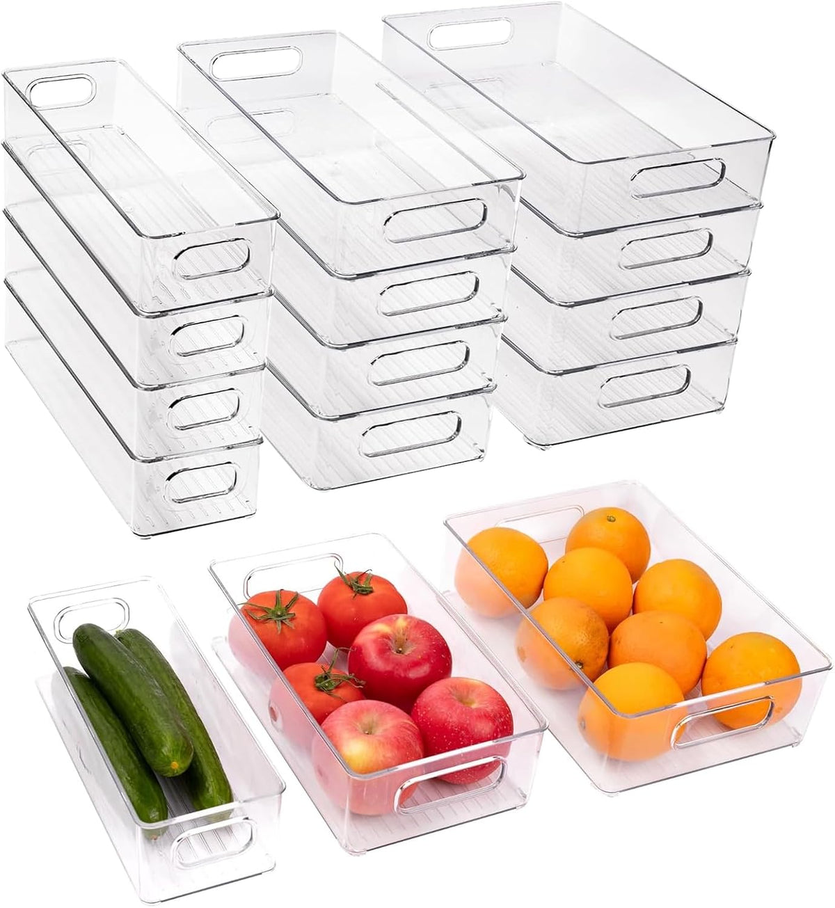 12 Pack Refrigerator Organizer Bins, 3 Sizes Stackable Clear Pantry Storage with Handles and 30 PCS Plastic Bags for Fridge, Freezer, Shelves, Drawer, Snack Organizer for Home & Kitchen
