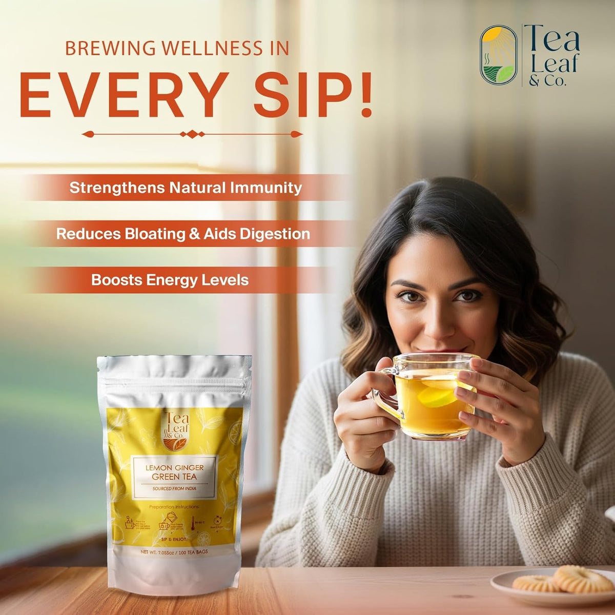 Lemon Ginger Green Tea (200gm/7oz), Natural Herbal Infusion, 100 Tea Bags