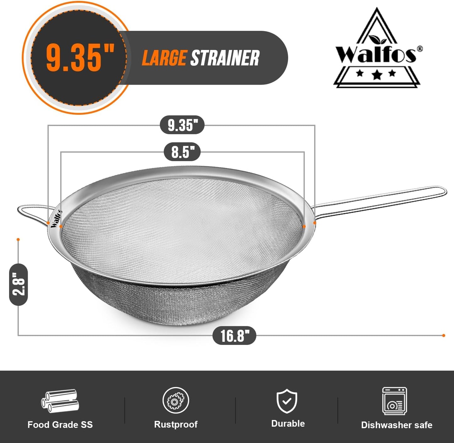 Walfos 9.35 Inch Large Fine Mesh Strainer, Stainless Steel 30 Mesh Sieve with Sturdy Handle, Kitchen Food Strainers Sifters for Rice, Quinoa, Pasta, Fruits, Vegetables, etc.