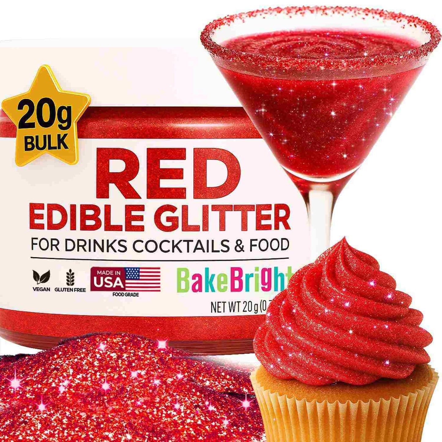 Bulk 20g Red Edible Glitter for Drinks | Premium Edible Glitter for Cakes, Cocktails, Red Cake Decor