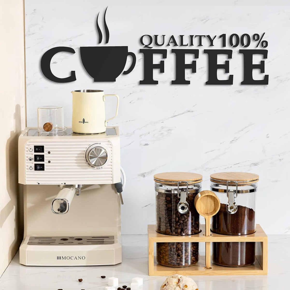 Yangbaga Coffee Container with Shelf: 2P 38OZ Plastics Airtight Coffee Jar | Coffee Canister w/Scoop - Kitchen Food Storage Jar for Ground Coffee/Tea/Sugar/Cereal/Nuts/Coffee Bar