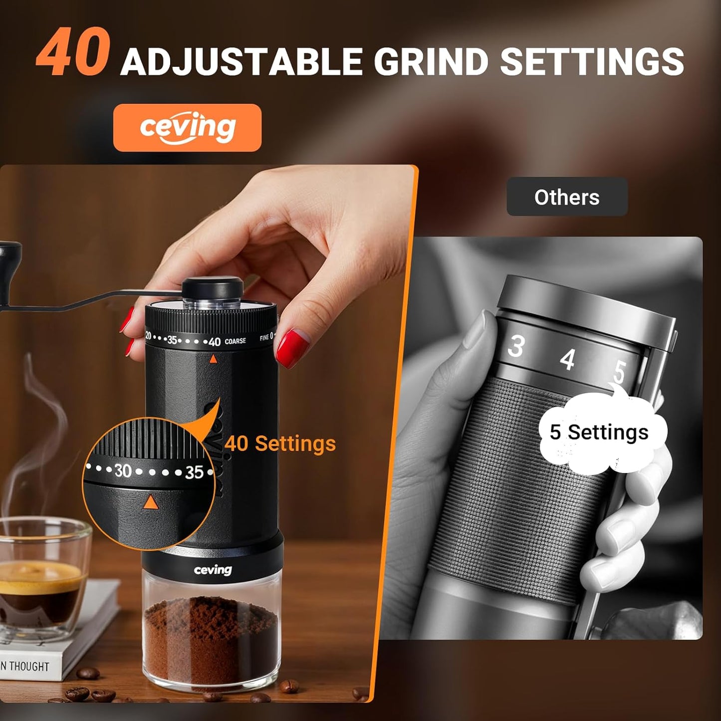 CEVING World's First 60g Large Capacity Manual Coffee Grinder, Black | 40 External Settings, Portable Hand Coffee Bean Mill with Stainless Steel Conical Burr for Travel, Camping, Pour Over &amp; Gift