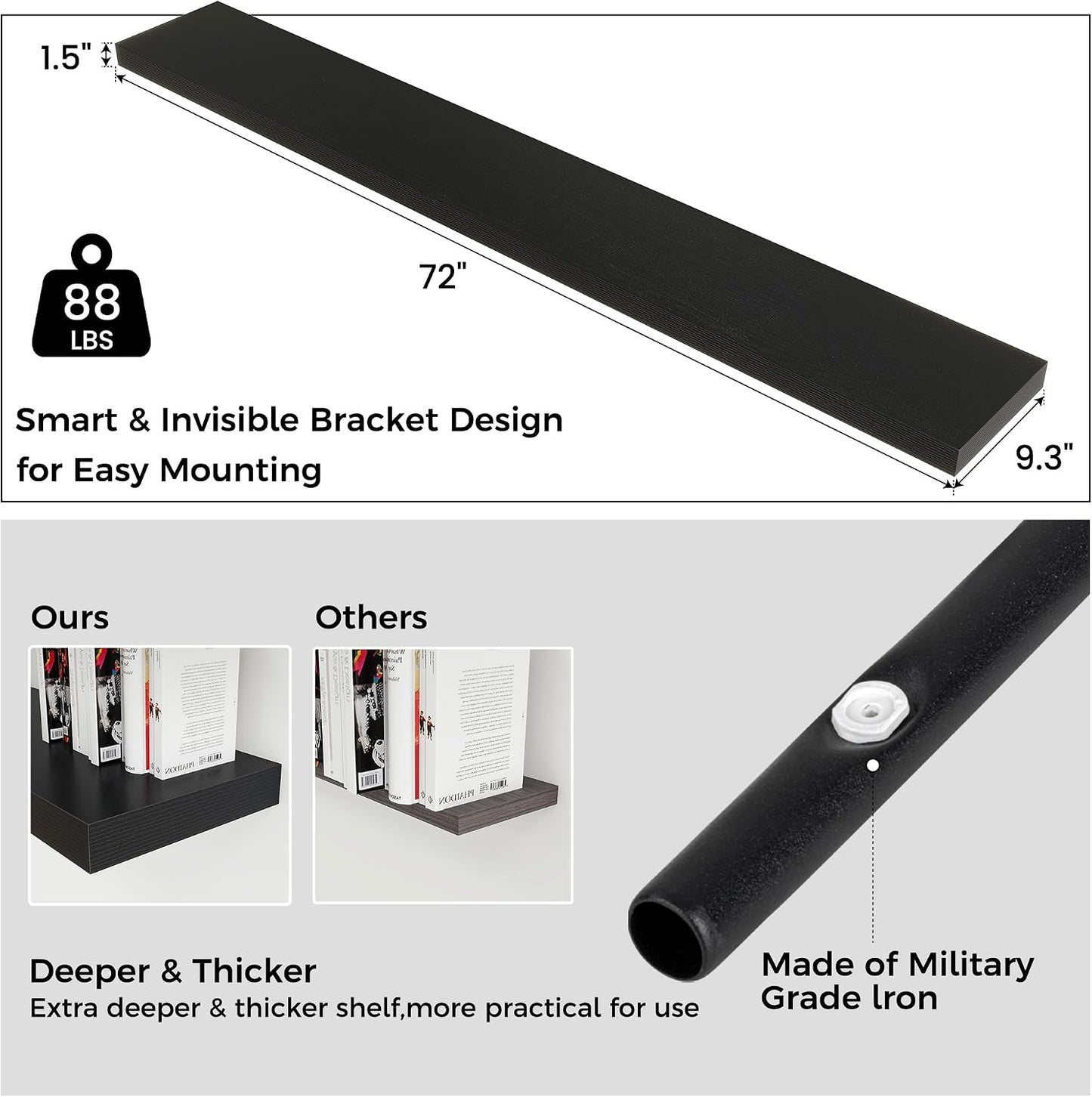 Venusmiles Floating Shelves for Wall, Engineered Wood Wall Shelves with Invisible Brackets for Living Room Bedroom Bathroom Office Kitchen Decor and Storage (Black, 72" W x 9" D x 1.5" H) Set of 1