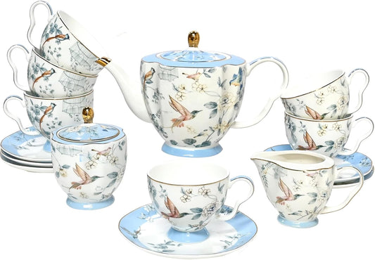 Bone China Tea Set, Porcelain Tea Sets for Adults, Blue and White Bone China Tea Cup Set for 6, Vintage Tea Sets for Women