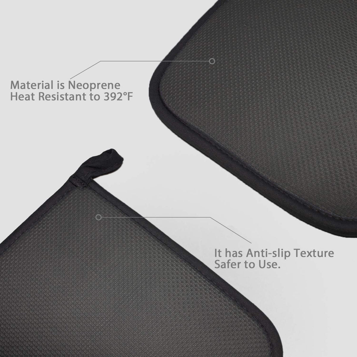 2Pcs Cotton and Neoprene Oven Pads Pot Holders with Pocket 8"x8.5" Dual-Function Hot Pad Set for Finger Hand Wrist Protection Heat Resistant to 428°F,Black