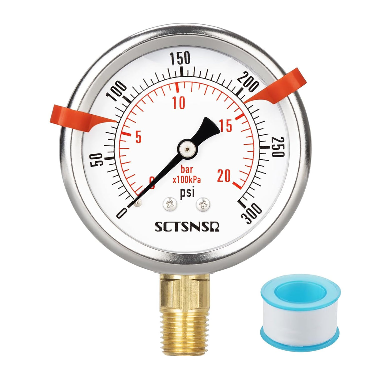 0 to 300 Psi Pressure Gauge, Liquid Filled, 1/4" NPT Lower Mount