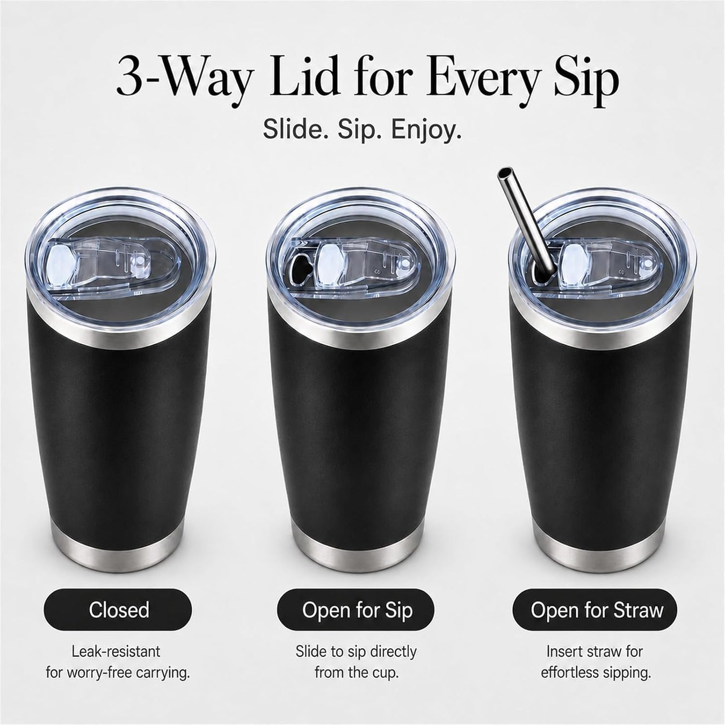 Pandance 20oz Stainless Steel Insulated Tumblers Bulk, Black, 8 Pack | Double Wall Vacuum Travel Mug, BPA Lid, Straight &amp; Curved Straws+Brush, Hot &amp; Cold Drinks, Individually Package, Bulk