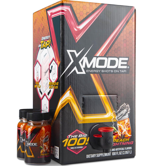 XMODE Energy Shots on Tap Dispenser – 100 (1oz) Servings with 2 Refillable Bottles, Peach Lightning Flavor, Extra Strength with 150mg Caffeine/oz, B12 and Sugar Free