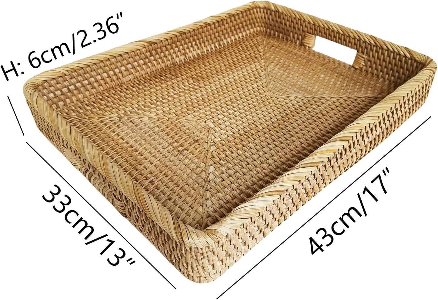 i-lan 17-Inch Large Rectangular Rattan Serving Tray with Handles | Handwoven natural wicker tray for breakfast, drinks, fruit, coffee tables and ottomans. Size: 17 x 13 x 2.4 inches.
