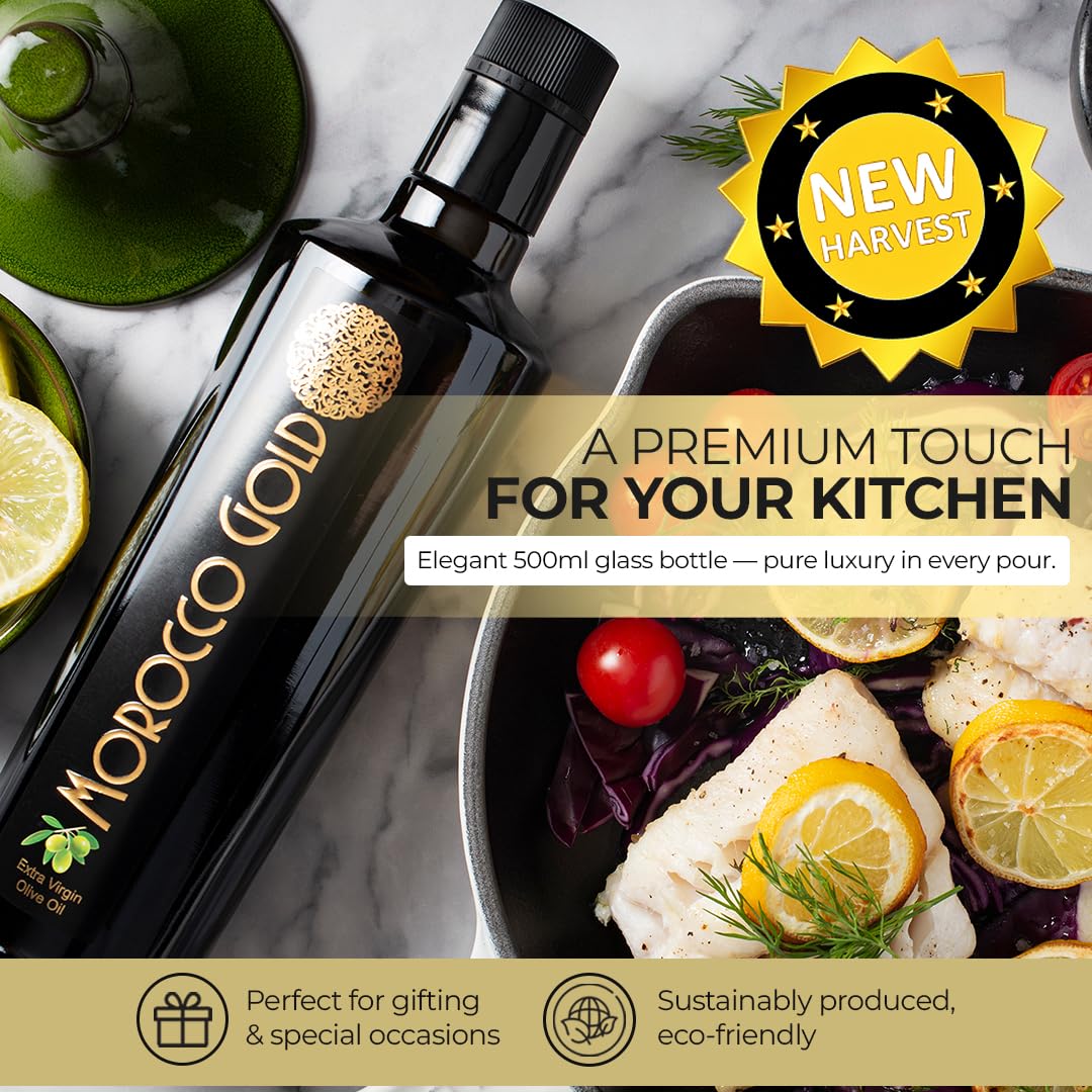Morocco Gold New Harvest Extra Virgin Olive Oil – Cold Pressed – Polyphenol Rich 606mg/kg EVOO Fresh Harvest Pure and Natural. 6 x 500ml (Get 6 Bottles For The Price of 5)