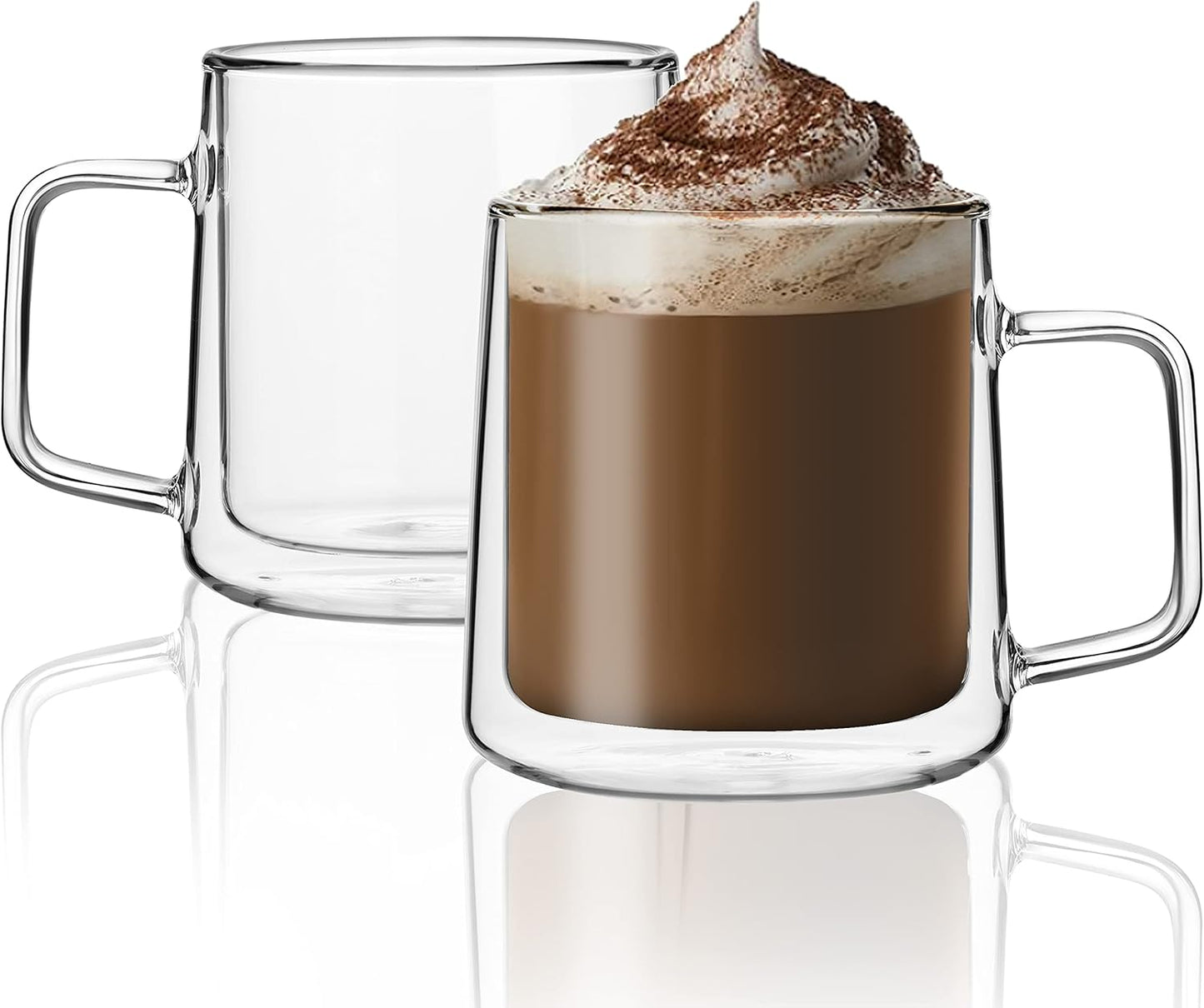 CNGLASS 15.2oz Glass Coffee Mugs,Double Wall Insulated Glass Mugs with Handle,Clear Espresso Mugs fo