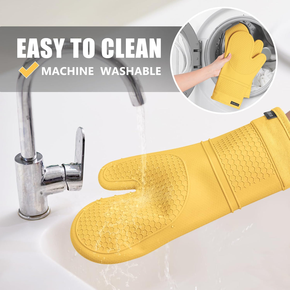 RORECAY Silicone Oven Mitts and Pot Holders Sets, Kitchen Gloves, Yellow | Set of 6 Kitchen Mitts for Baking &amp; Cooking, Heat Resistant 500 ℉, 12.7" Extra Long, Non-Slip &amp; Waterproof, Quilted Cotton