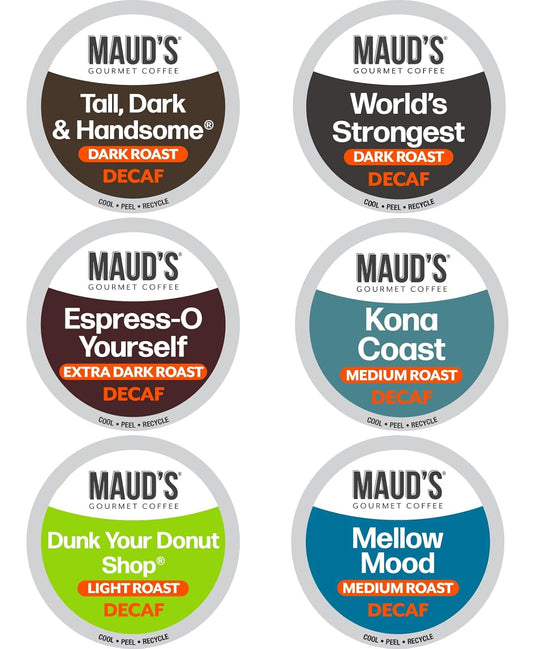 Maud's Decaf Coffee Pods Variety Pack, 54 ct, 6 Assorted Roasts & Flavors, Decaf Dark & Medium Roast Coffee in Recyclable