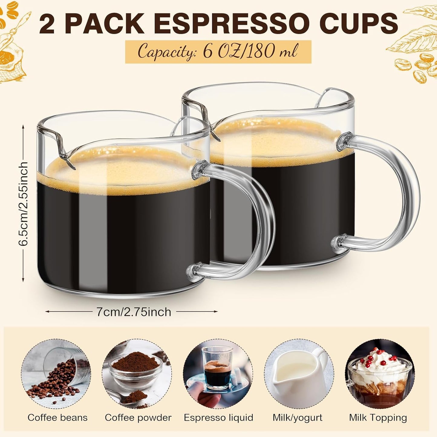 Patelai 2 Pack Espresso Cups, Clear Espresso Shot Glass 180ml/6oz | Glass Cups with Handle, Dual Pour Spouts for Precise Shots, Milk Frothing, Coffee Accessories, Fits Espresso Machines