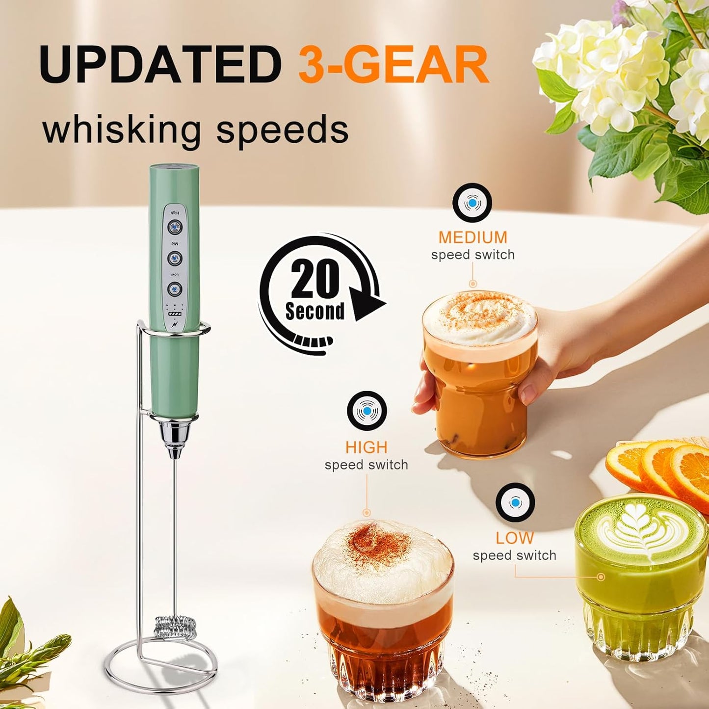 YUSWKO Granite Rechargeable Milk Frother for Coffee with Stand, Handheld Drink Mixer with 3 Heads 3 Speeds Electric Stirrers