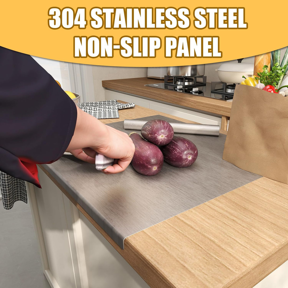 Nisorpa Stainless Steel Cutting Board with Lip Chopping Board 35.4"Lx19.7"W | Heavy-duty metal chopping board with rolling pin, pastry kneading dough board, safe rounded edges for baking prep, stove.
