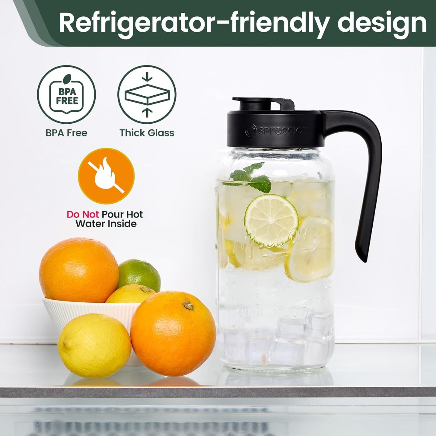 Mason Jar Pitcher, 64 oz (2 quart), Glass Pitcher with Lid | Airtight, Leak proof, Ergonomic Handle, Pour Spout Lid, Fridge Safe, for Sun Tea, Iced Tea, Cold Brew, Lemonade, Outside