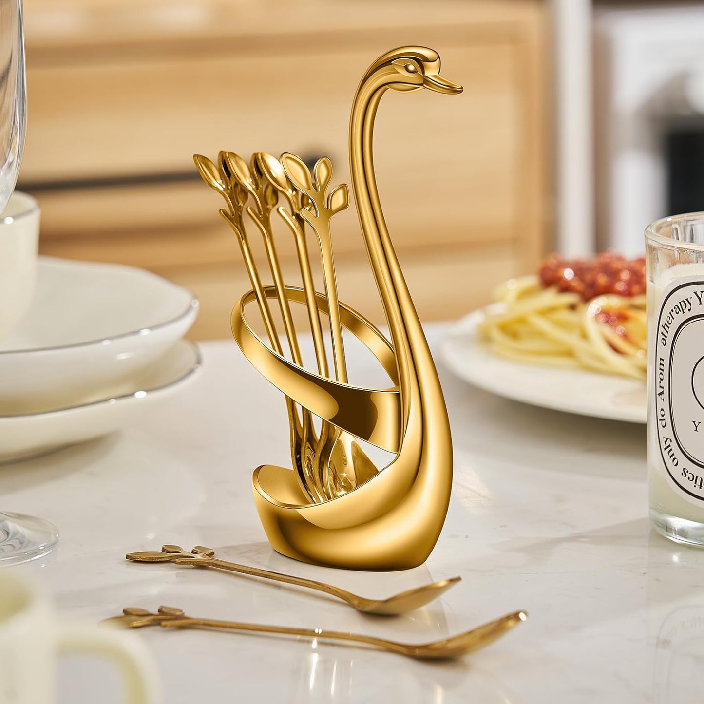 AnSaw Gold Swan Base With 10-Pcs Mini Leaf Coffee Spoon Holder Set - 4.7" | Stainless Steel Leaf Handle Spoons,Small Spoons,Espresso Spoons,Tea Spoons,Dessert Spoons,Demitasse Spoons