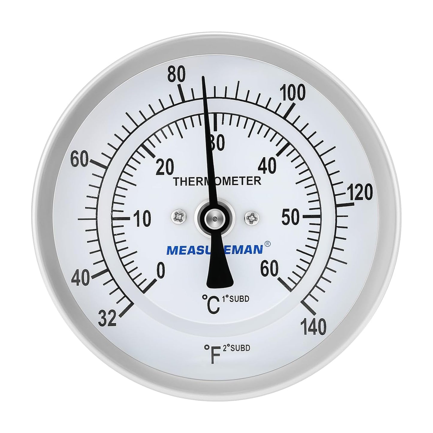 Measureman Fully Stainless Steel Bi-Metal Dial Thermometer, 3" Dial, 6" Stem, 32-140 deg F/0-60 deg C, +/-1% Accuracy, Adjustable, 1/2" NPT Back Mount
