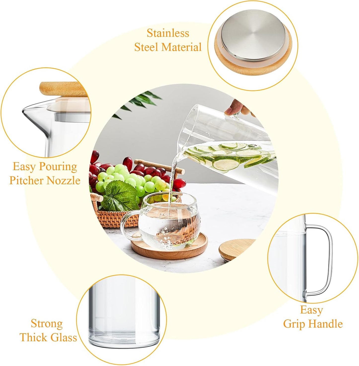 Hsei 2 Sets Glass Pitcher with Lid Water Carafe, Bamboo Lid, 1.5L