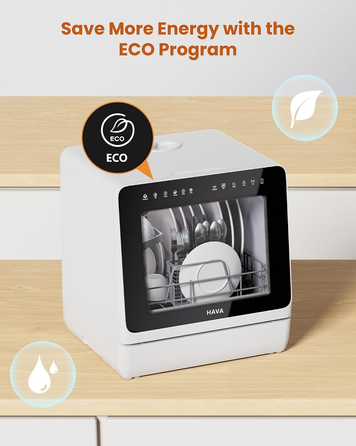HAVA Countertop Dishwasher with Water Softener &amp; Enhanced Energy Efficiency | Portable Dishwasher with 8 Wash Programs, Child Lock &amp; Delayed Start Function, 5L Built-In Water Tank, No Installation Needed